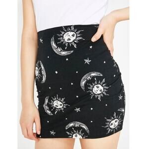 Black celestial mini bodycon skirt whimsigoth boho indie hippie sun moon stars